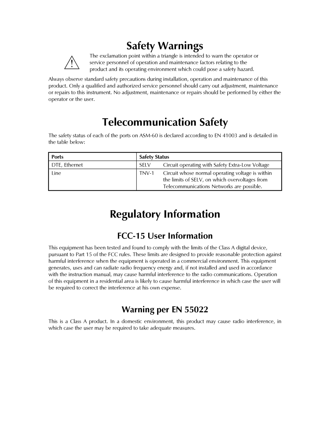 RAD Data comm ASM-60 operation manual Safety Warnings, Ports Safety Status 