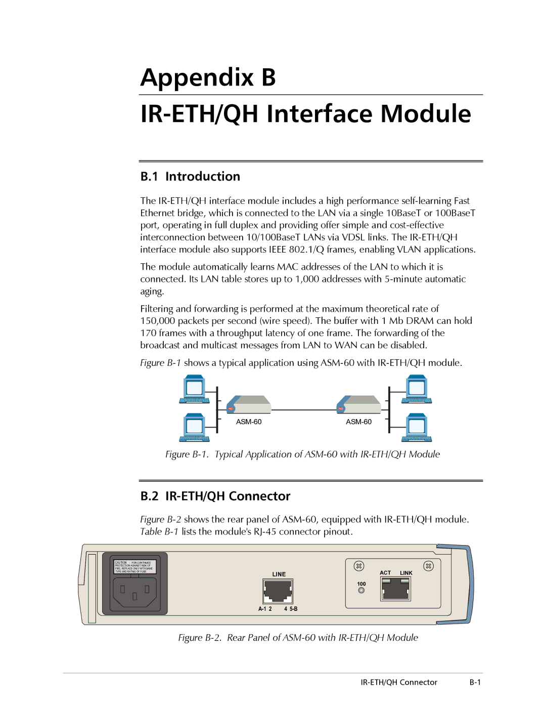 RAD Data comm ASM-60 operation manual Appendix B IR-ETH/QH Interface Module, Introduction, IR-ETH/QH Connector 