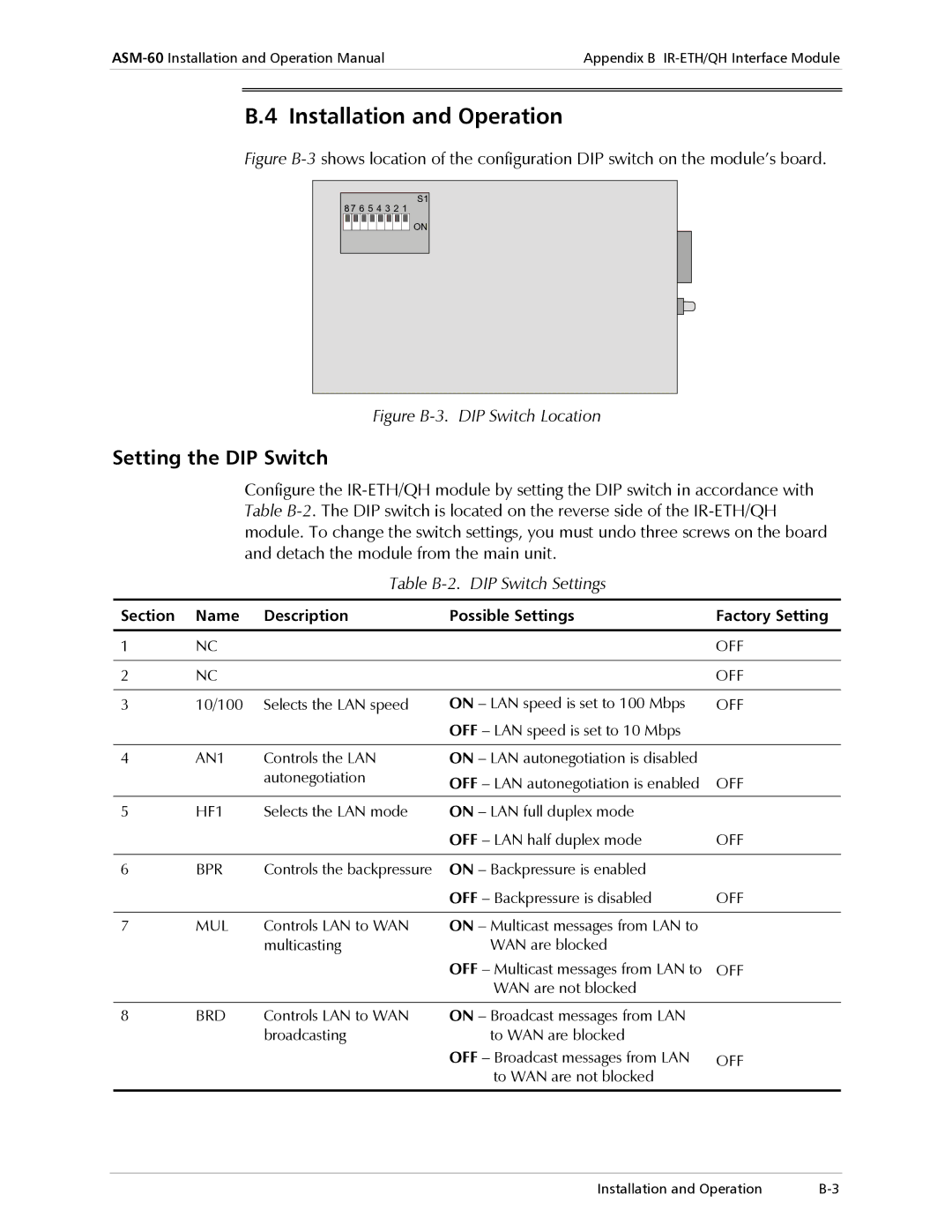 RAD Data comm ASM-60 operation manual Setting the DIP Switch, Table B-2. DIP Switch Settings 