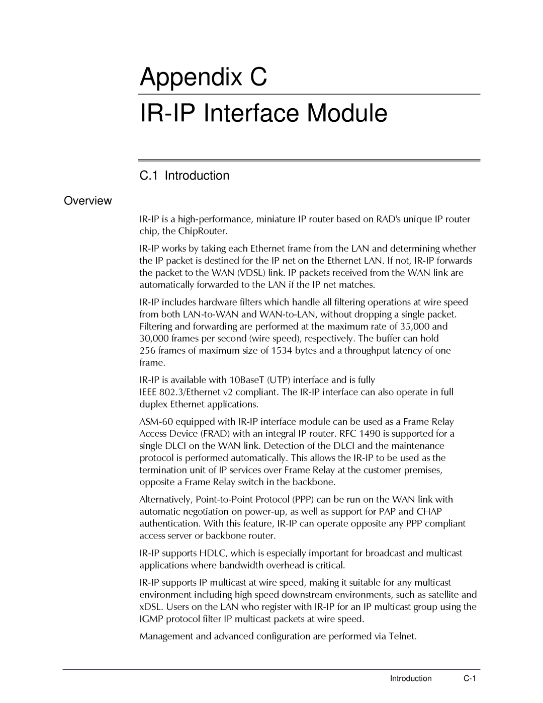 RAD Data comm ASM-60 operation manual Appendix C IR-IP Interface Module, Overview 