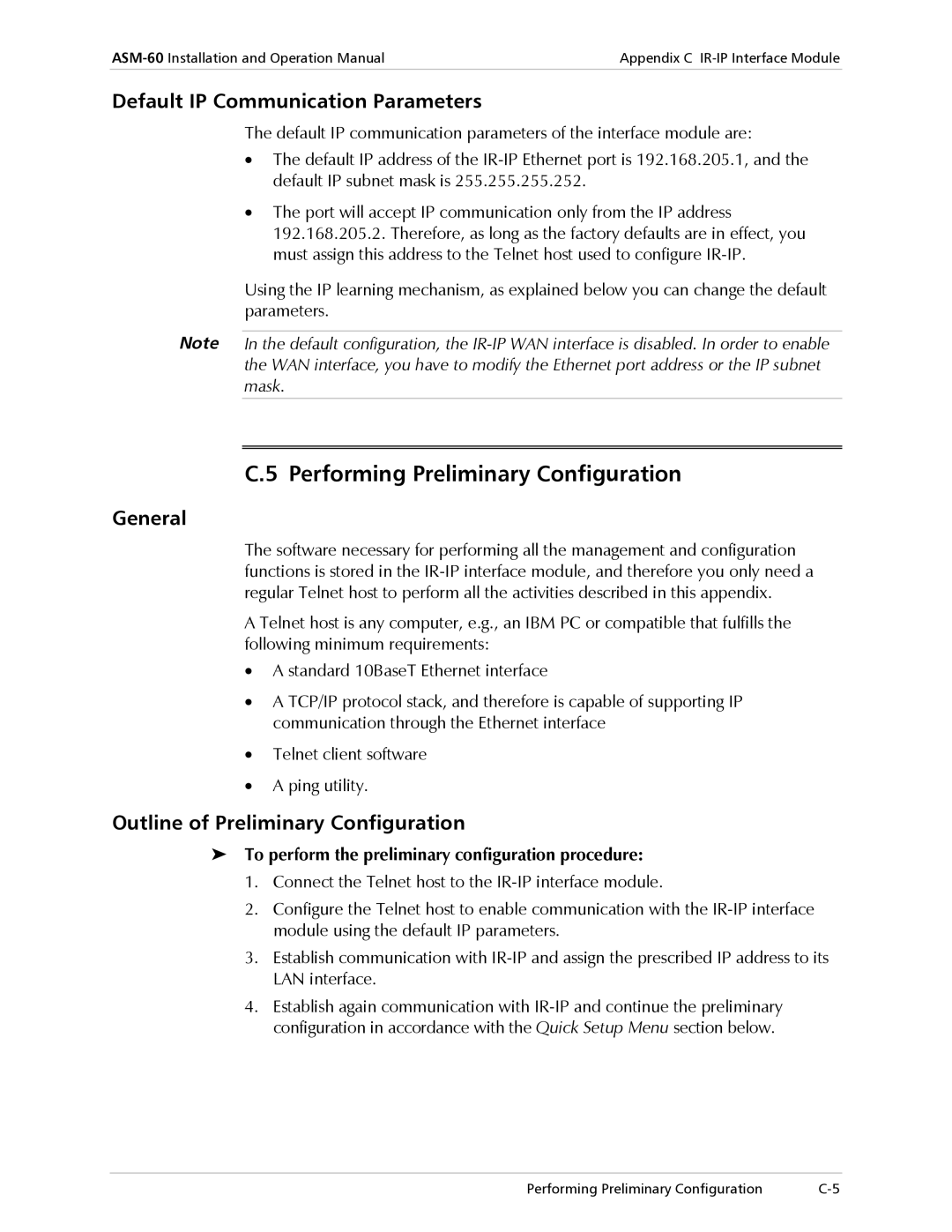 RAD Data comm ASM-60 operation manual Performing Preliminary Configuration, Default IP Communication Parameters 