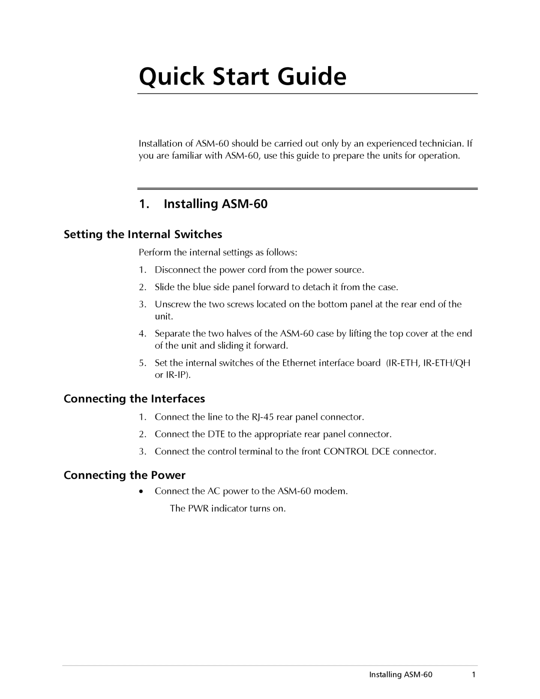 RAD Data comm Quick Start Guide, Installing ASM-60, Setting the Internal Switches, Connecting the Interfaces 