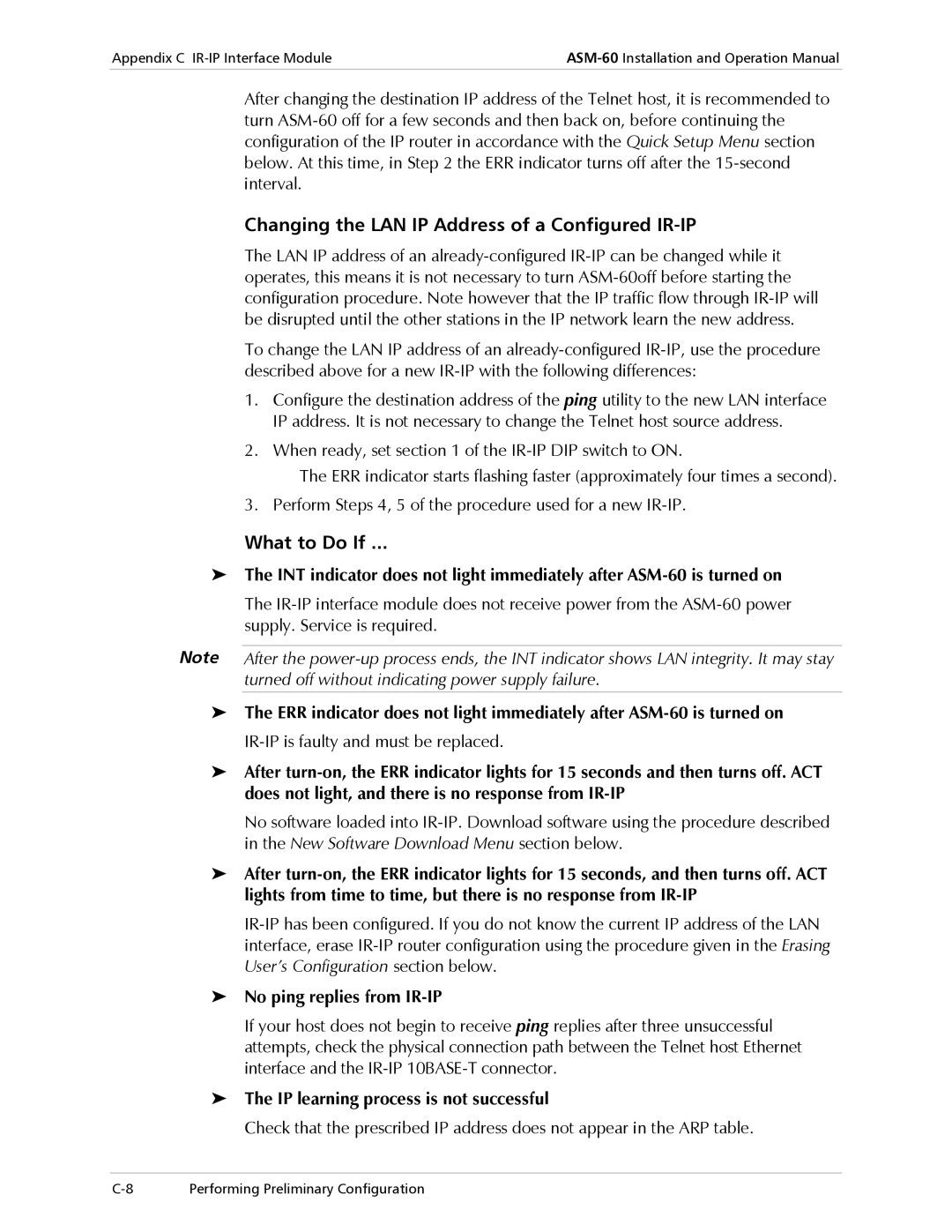 RAD Data comm ASM-60 Changing the LAN IP Address of a Configured IR-IP, What to Do If, No ping replies from IR-IP 