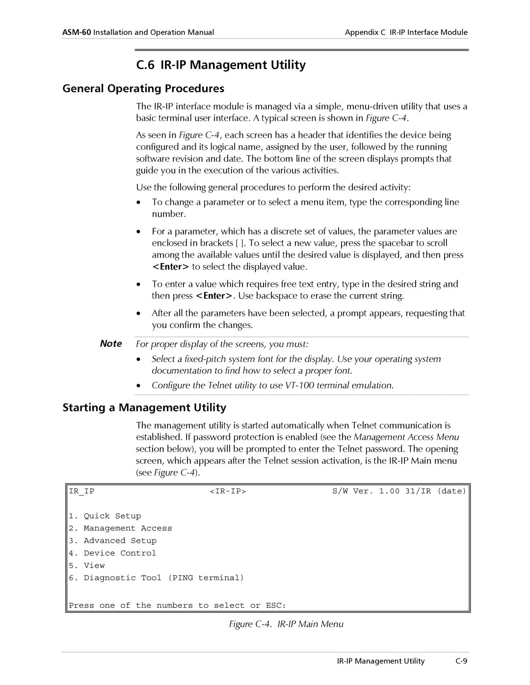 RAD Data comm ASM-60 operation manual IR-IP Management Utility, General Operating Procedures, Starting a Management Utility 