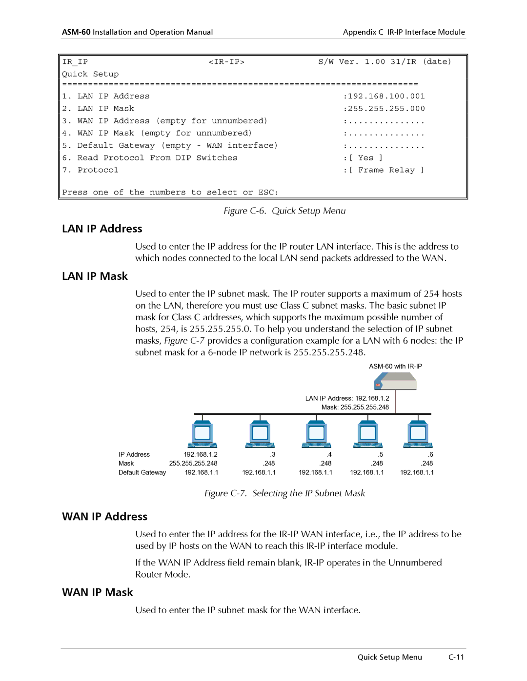 RAD Data comm ASM-60 operation manual LAN IP Address, LAN IP Mask, WAN IP Address, WAN IP Mask 