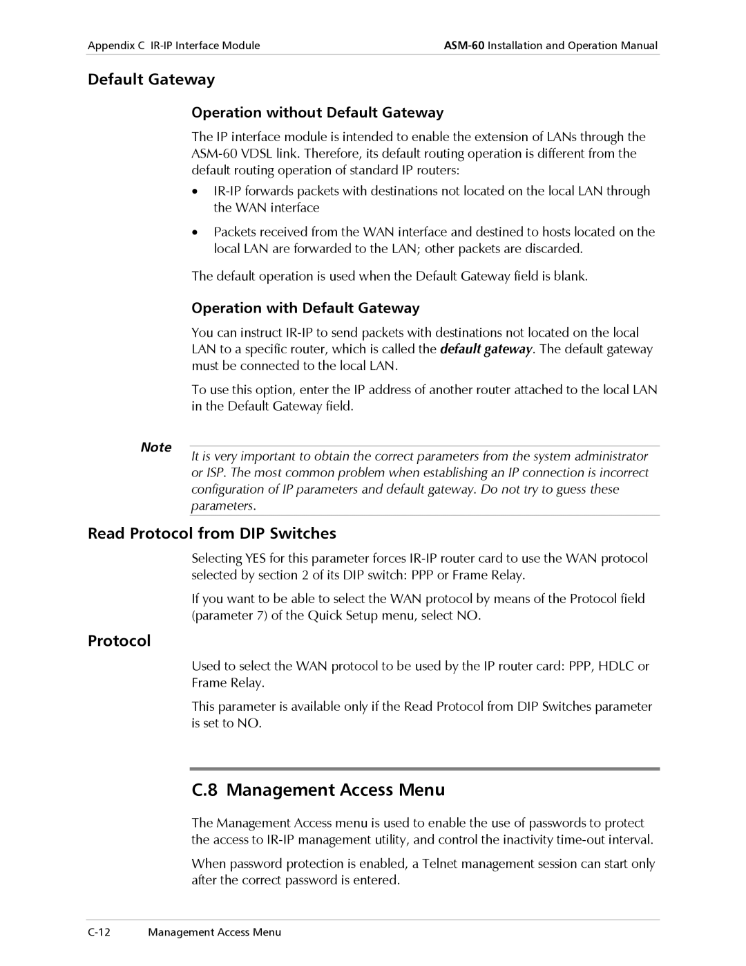 RAD Data comm ASM-60 operation manual Management Access Menu, Default Gateway, Read Protocol from DIP Switches 