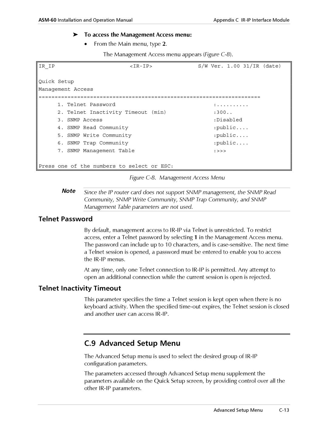 RAD Data comm ASM-60 Advanced Setup Menu, Telnet Password, Telnet Inactivity Timeout, To access the Management Access menu 