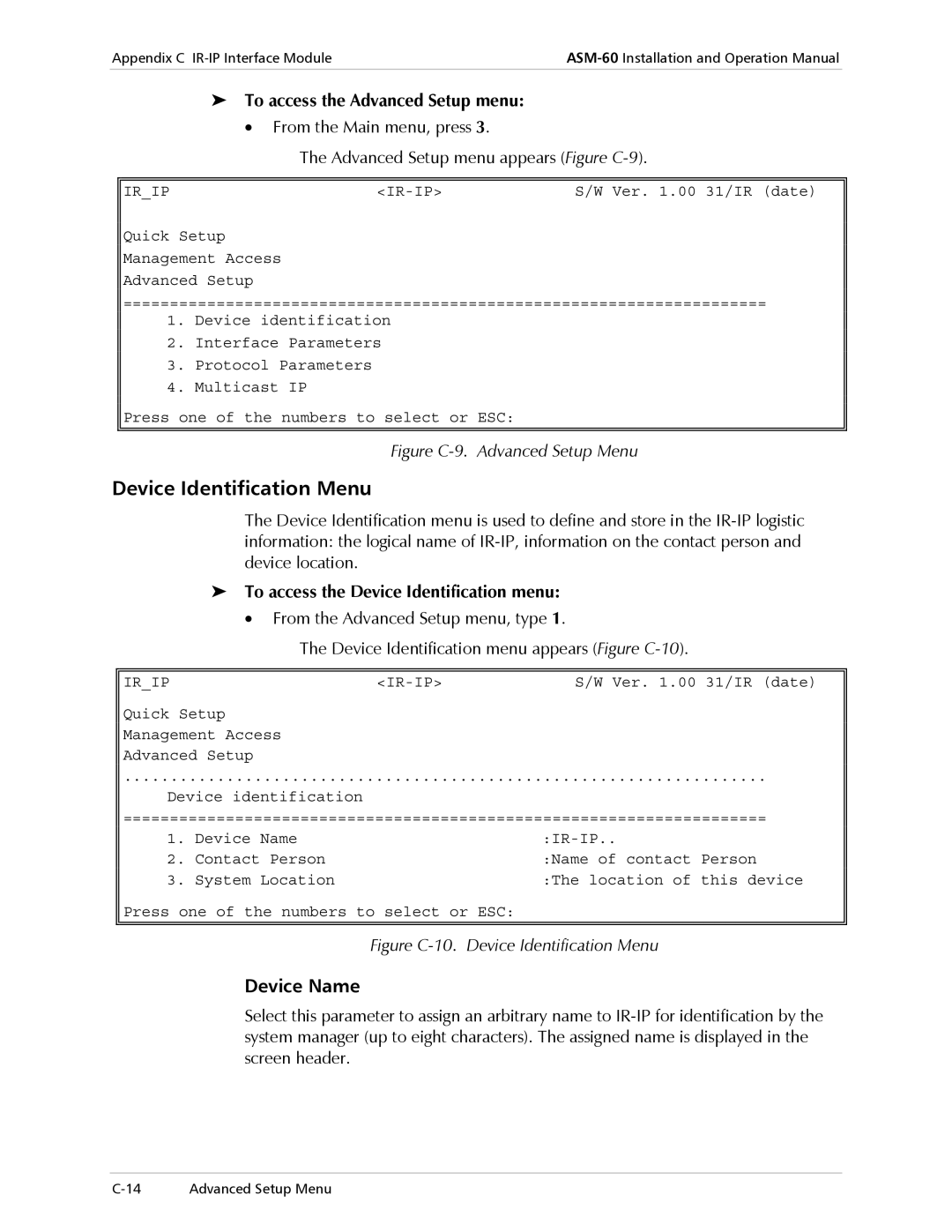 RAD Data comm ASM-60 operation manual Device Identification Menu, Device Name, To access the Advanced Setup menu 