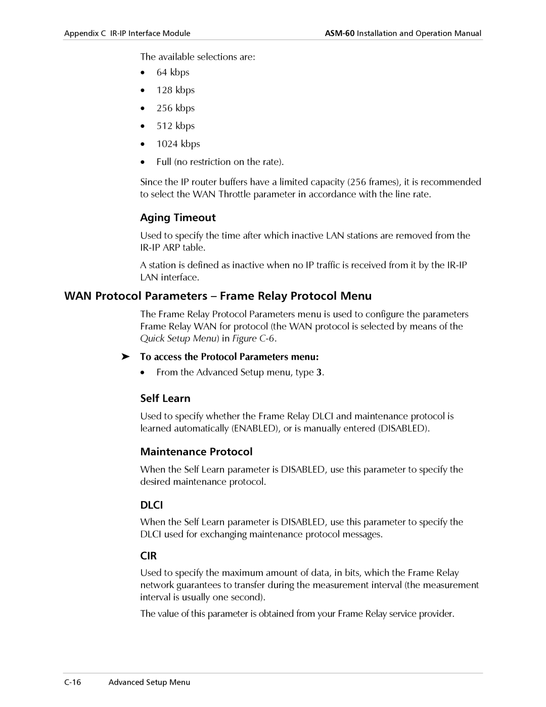 RAD Data comm ASM-60 WAN Protocol Parameters Frame Relay Protocol Menu, Aging Timeout, Self Learn, Maintenance Protocol 