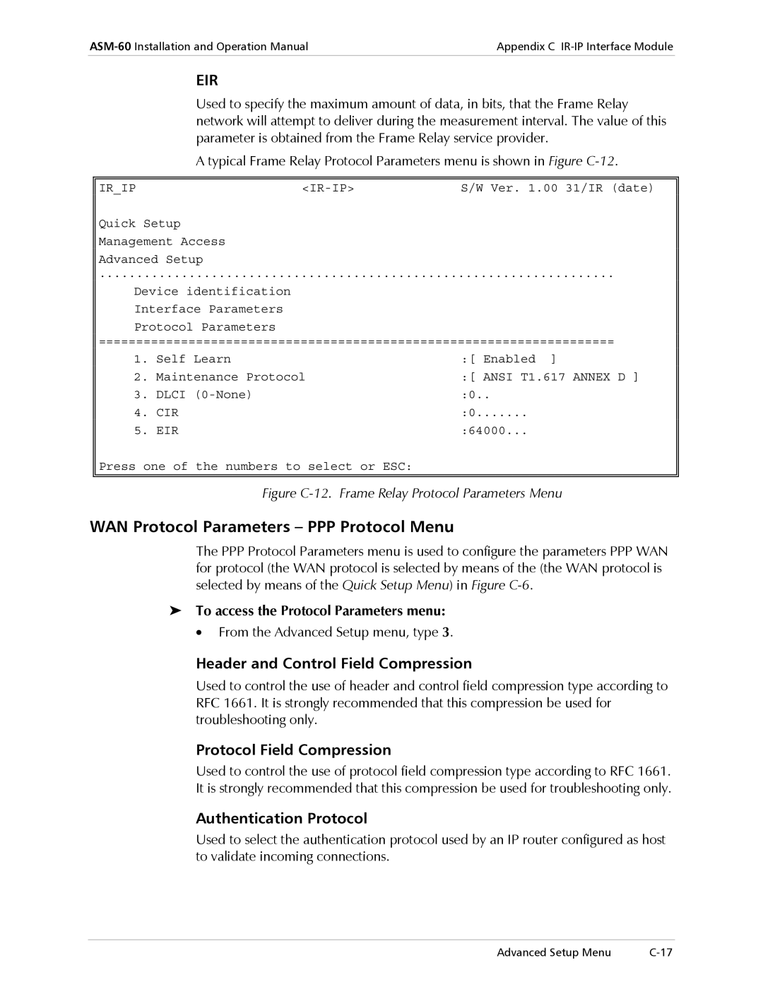 RAD Data comm ASM-60 operation manual WAN Protocol Parameters PPP Protocol Menu, Header and Control Field Compression 