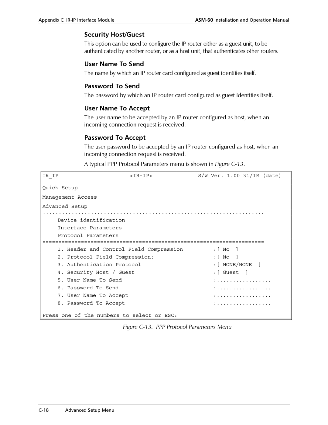 RAD Data comm ASM-60 Security Host/Guest, User Name To Send, Password To Send, User Name To Accept, Password To Accept 