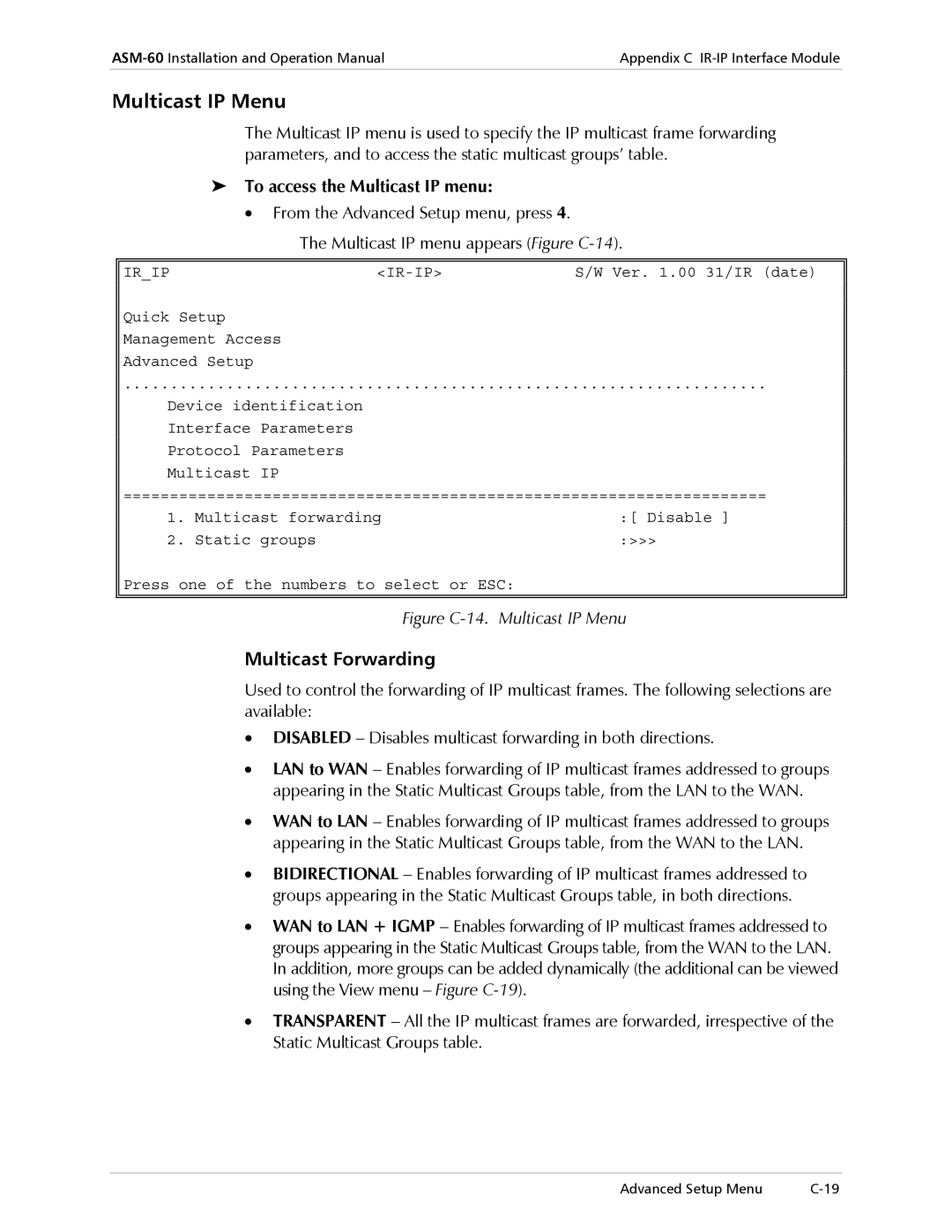 RAD Data comm ASM-60 operation manual Multicast IP Menu, Multicast Forwarding, To access the Multicast IP menu 