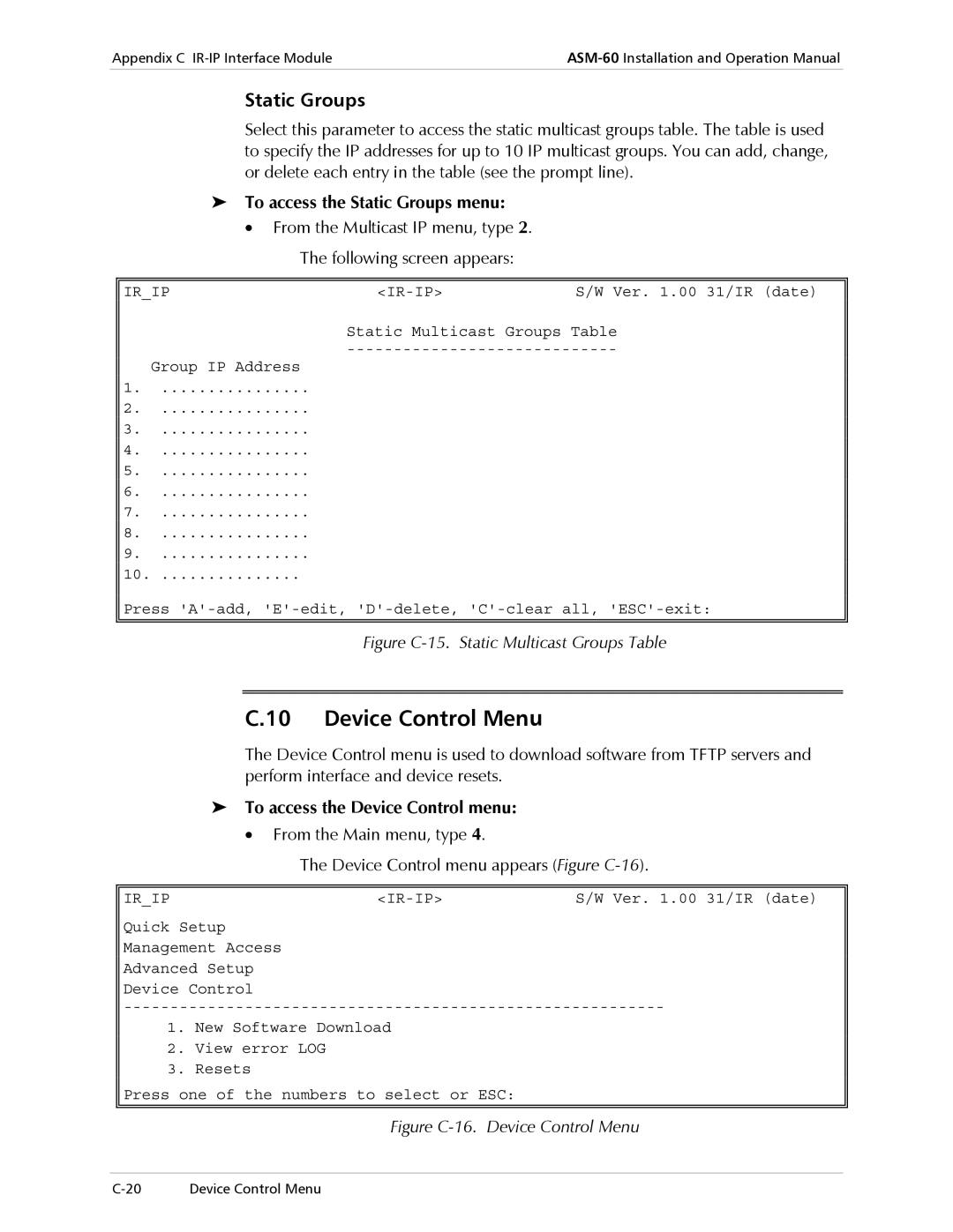 RAD Data comm ASM-60 Device Control Menu, To access the Static Groups menu, To access the Device Control menu 