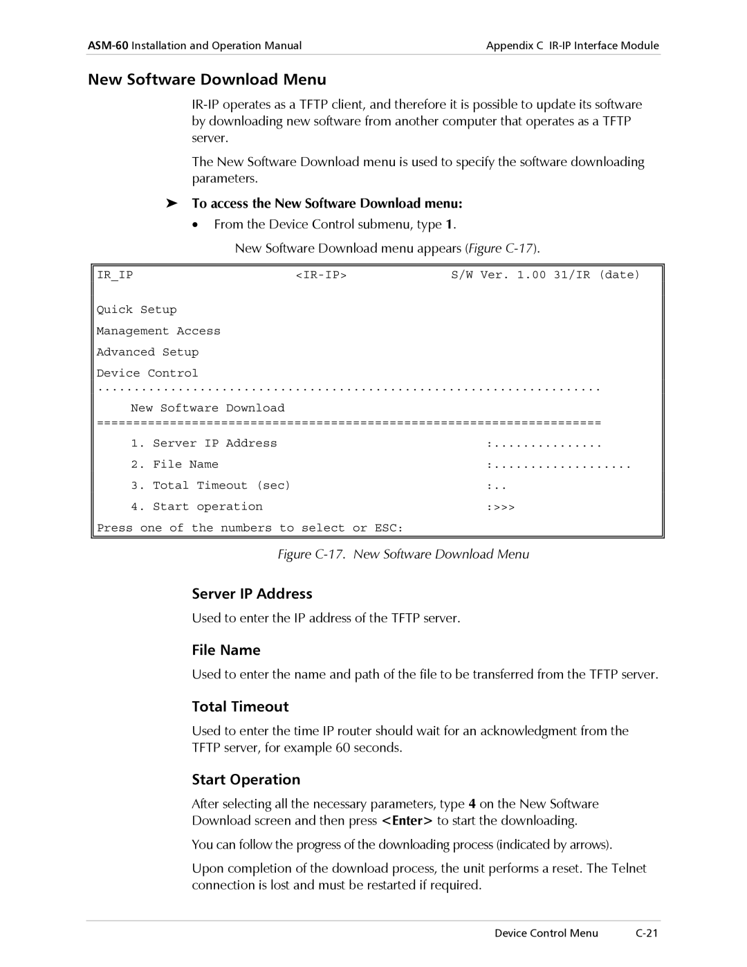 RAD Data comm ASM-60 New Software Download Menu, Server IP Address, File Name, Total Timeout, Start Operation 