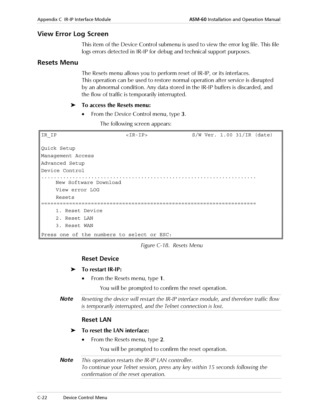 RAD Data comm ASM-60 operation manual View Error Log Screen, Resets Menu, Reset Device, Reset LAN 