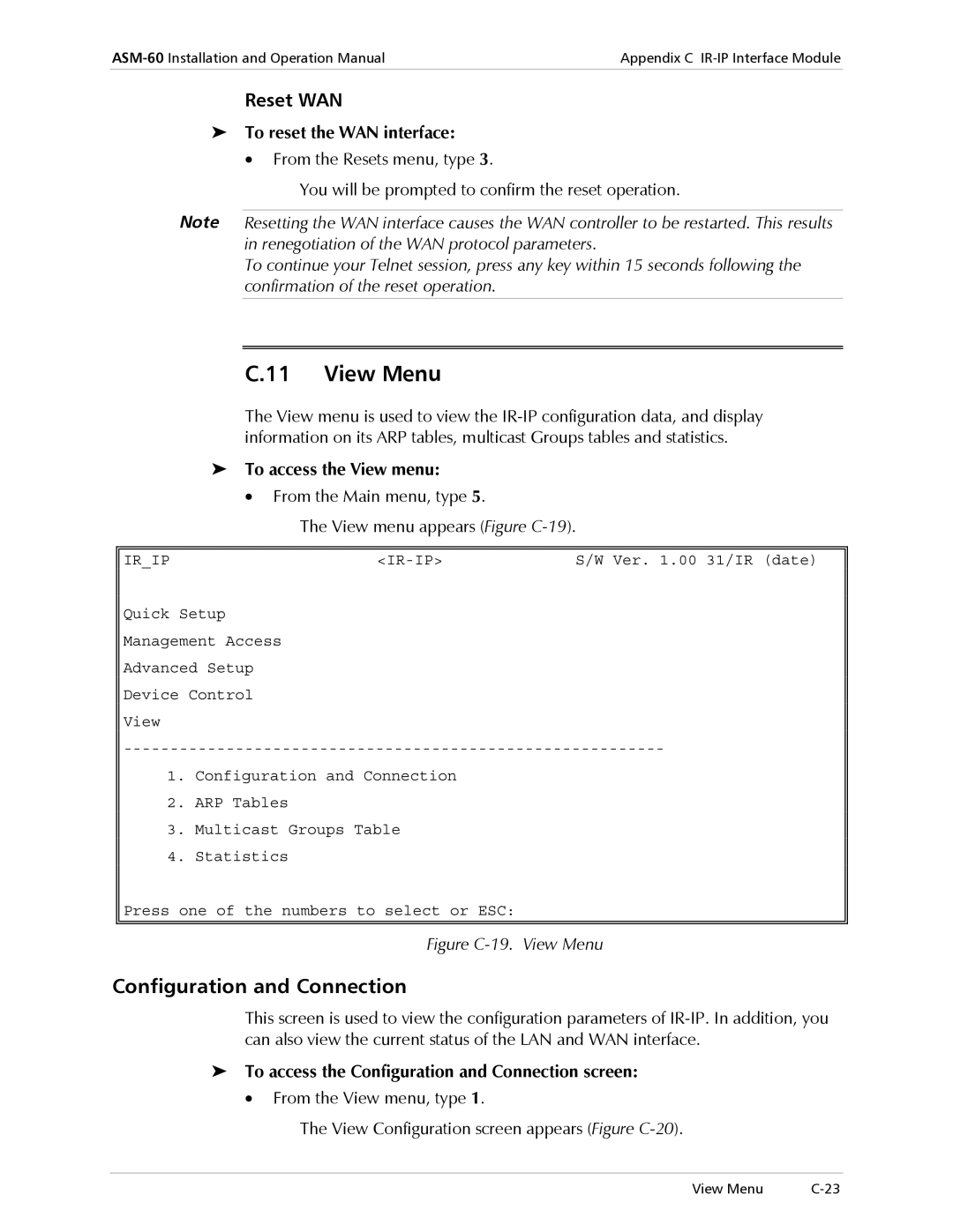 RAD Data comm ASM-60 operation manual View Menu, Configuration and Connection, Reset WAN 