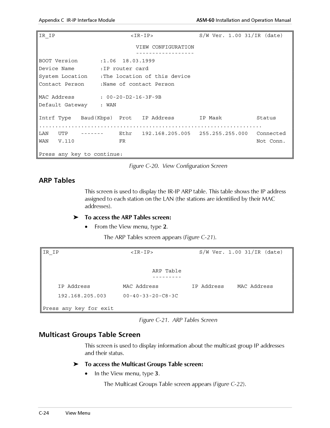 RAD Data comm ASM-60 operation manual Multicast Groups Table Screen, To access the ARP Tables screen 