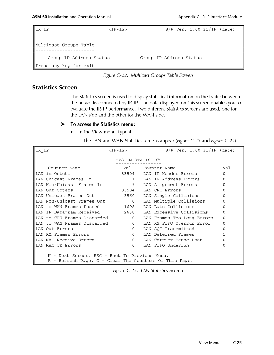 RAD Data comm ASM-60 operation manual Statistics Screen, To access the Statistics menu 