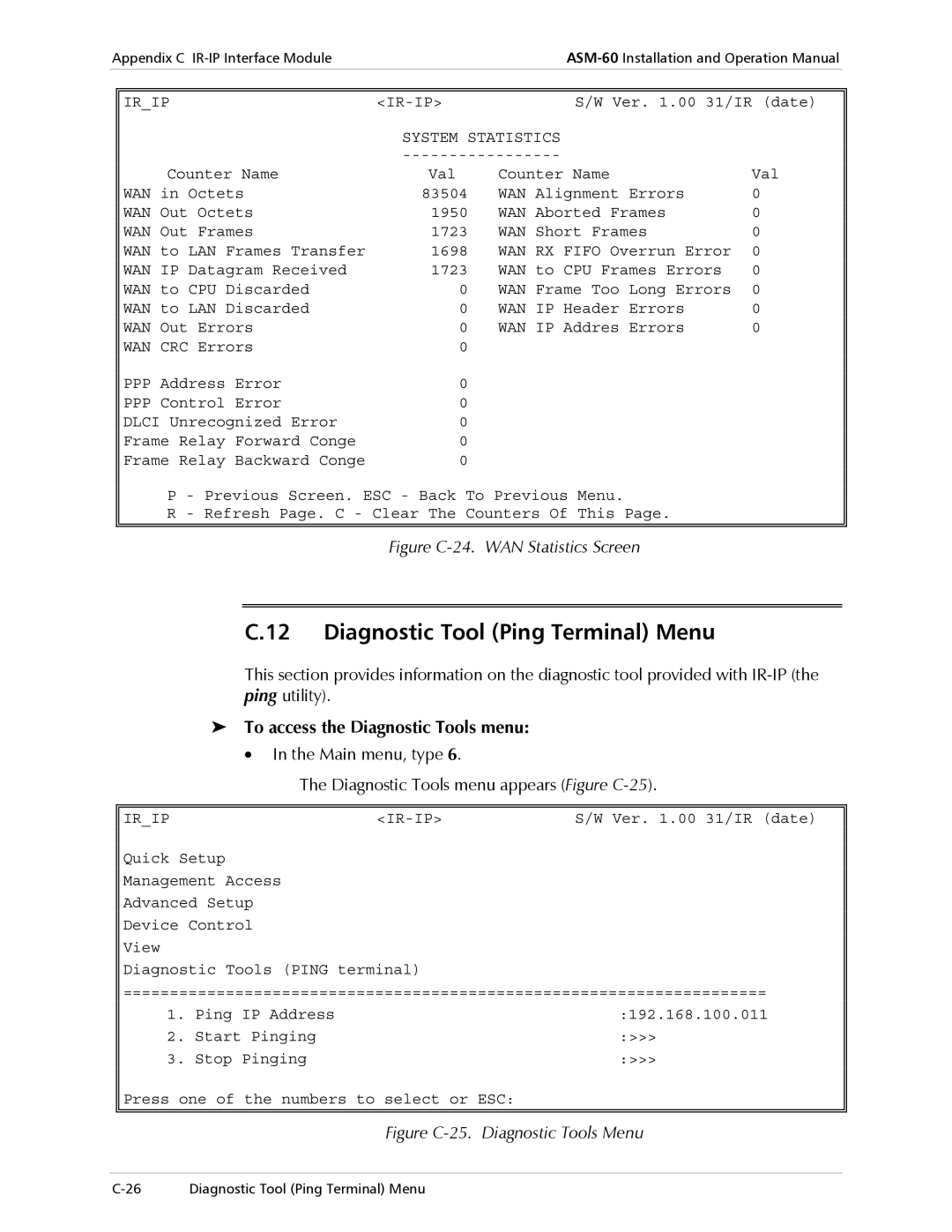 RAD Data comm ASM-60 operation manual Diagnostic Tool Ping Terminal Menu, To access the Diagnostic Tools menu 