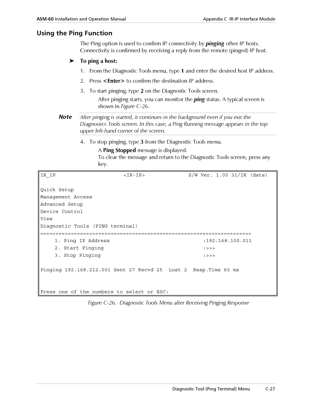 RAD Data comm ASM-60 operation manual Using the Ping Function, To ping a host 