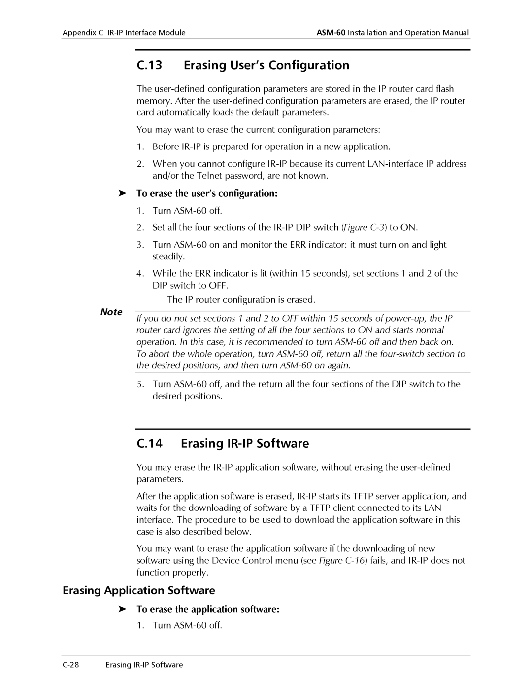 RAD Data comm ASM-60 operation manual Erasing User’s Configuration, Erasing IR-IP Software, Erasing Application Software 