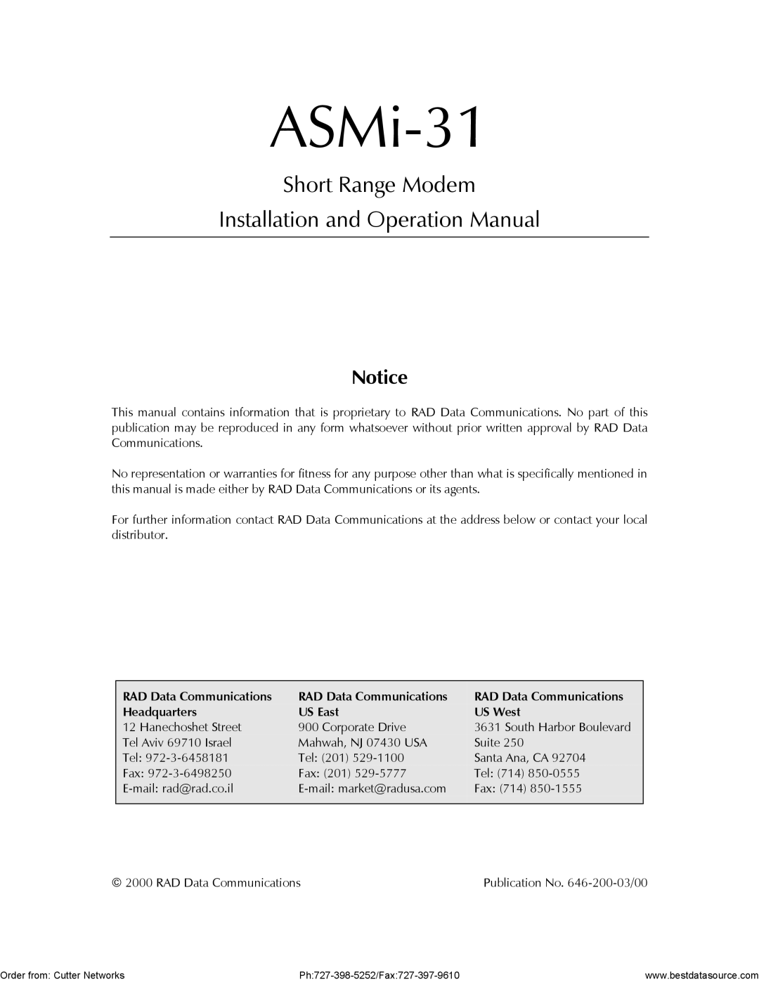 RAD Data comm ASMi-31 operation manual RAD Data Communications Headquarters US East US West 