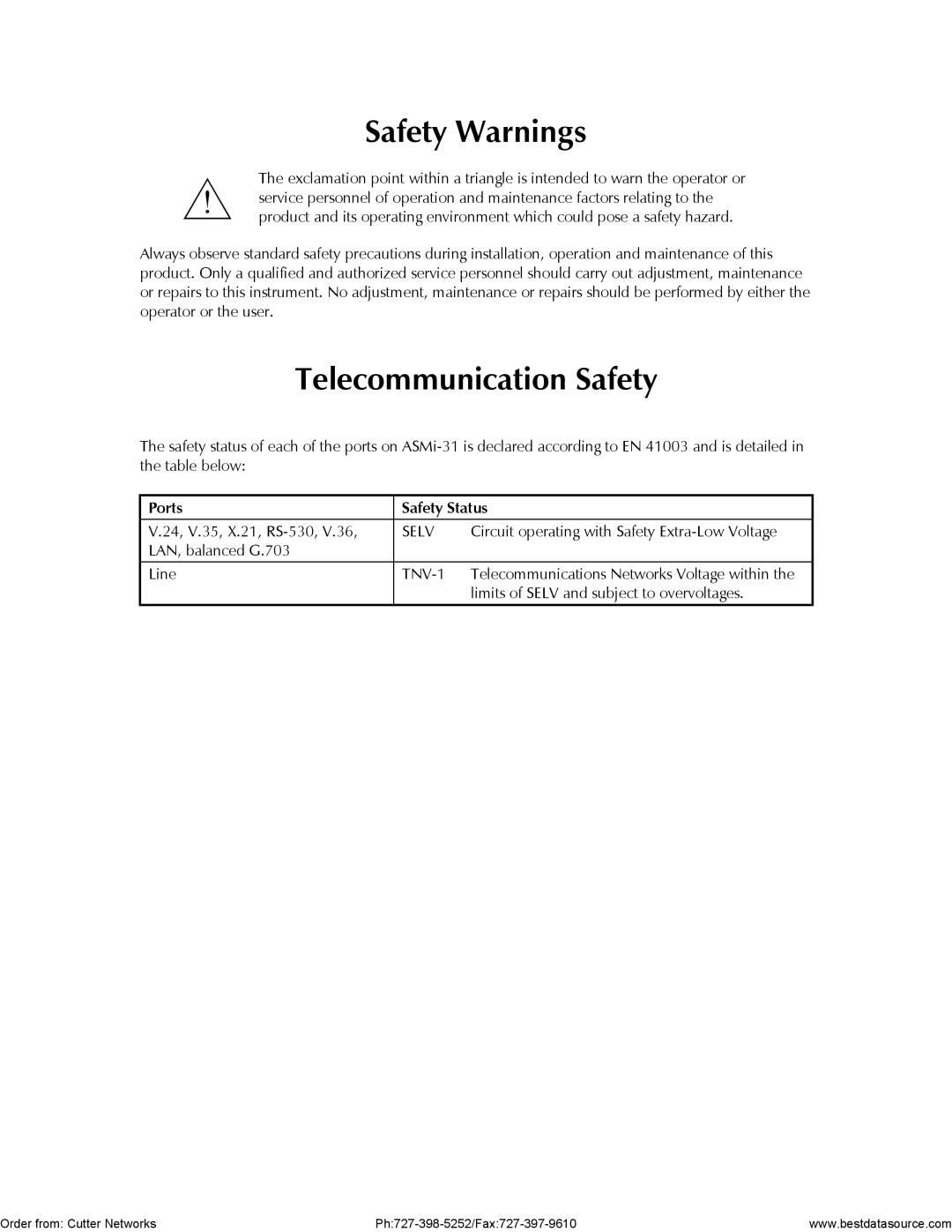 RAD Data comm ASMi-31 operation manual Safety Warnings, Ports Safety Status 