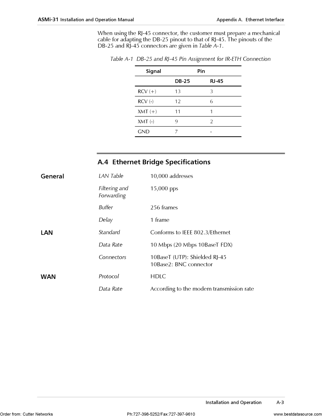 RAD Data comm ASMi-31 operation manual Ethernet Bridge Specifications, Protocol, Signal Pin DB-25 RJ-45 