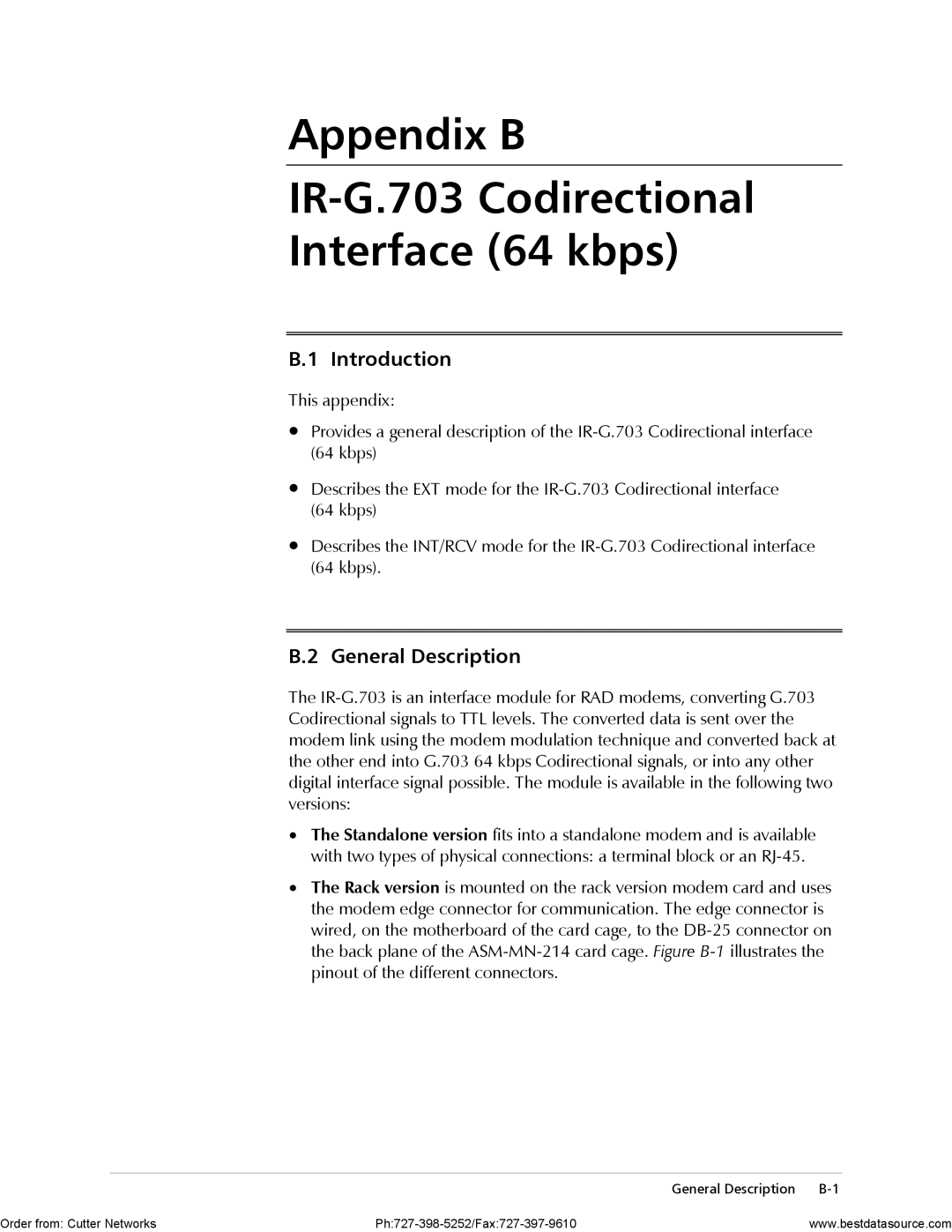 RAD Data comm ASMi-31 Appendix B IR-G.703 Codirectional Interface 64 kbps, Introduction, General Description 