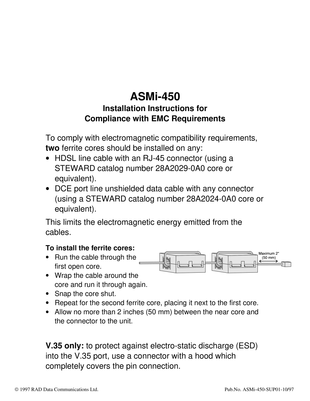 RAD Data comm ASMI-450 operation manual ASMi-450, To install the ferrite cores 