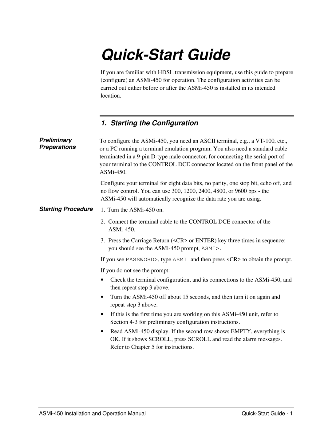 RAD Data comm ASMI-450 operation manual Starting the Configuration, Preliminary Preparations Starting Procedure 