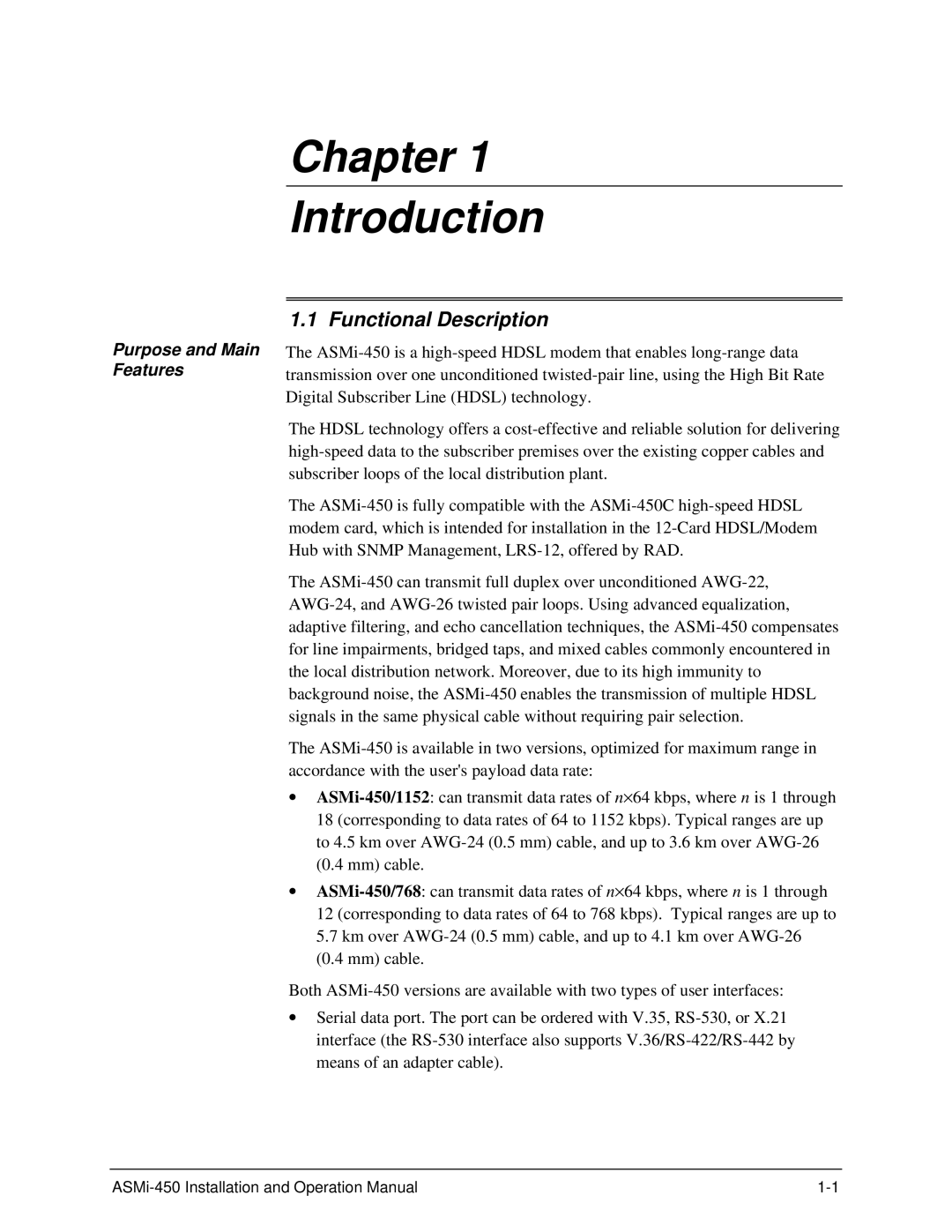 RAD Data comm ASMI-450 operation manual Functional Description, Purpose and Main Features 