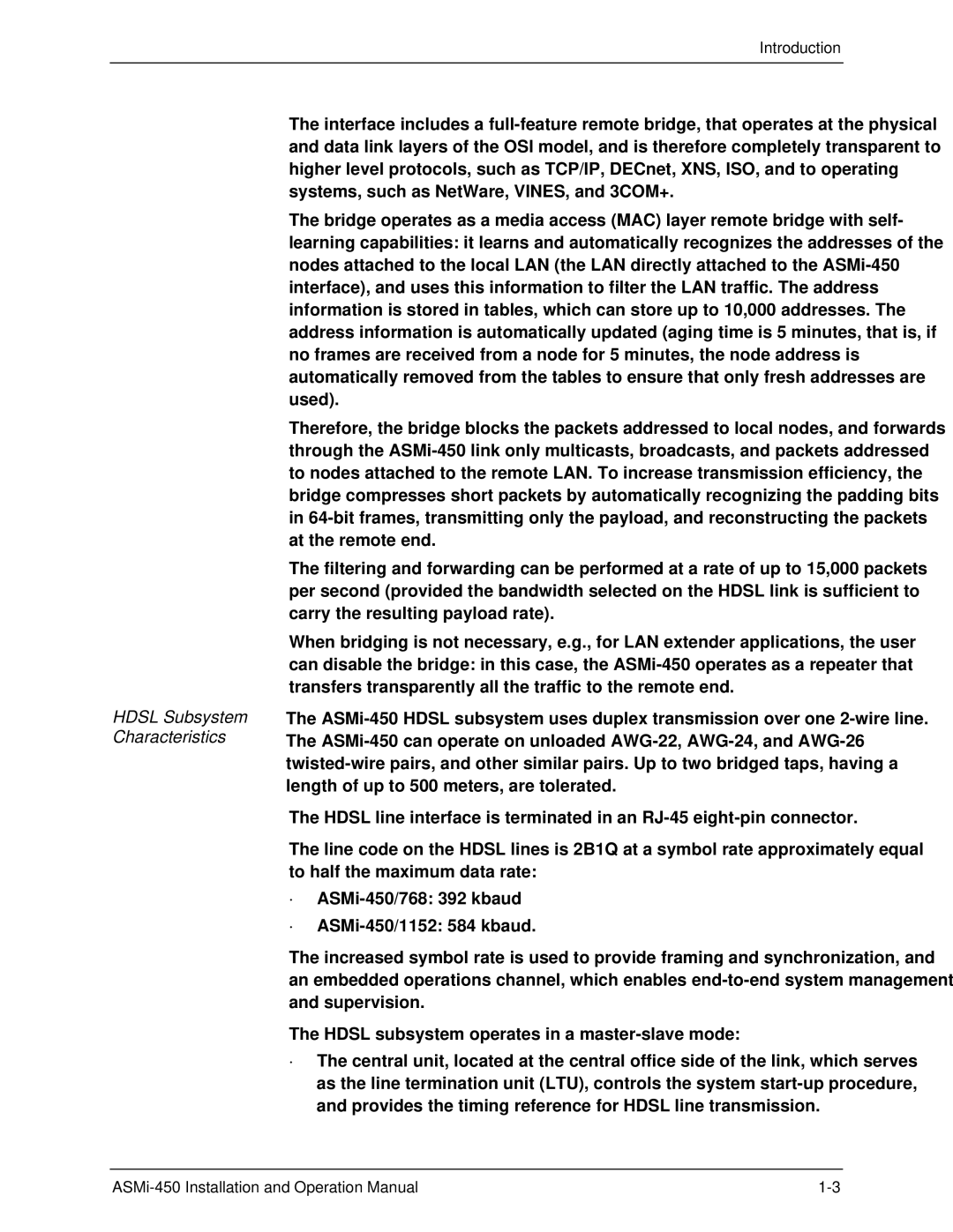 RAD Data comm ASMI-450 operation manual Hdsl Subsystem Characteristics 