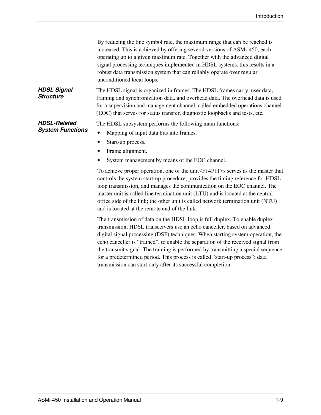 RAD Data comm ASMI-450 operation manual Hdsl Signal Structure HDSL-Related System Functions 