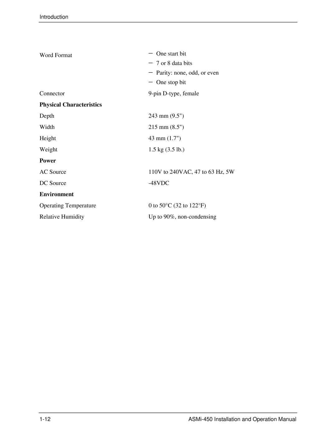 RAD Data comm ASMI-450 operation manual Physical Characteristics 