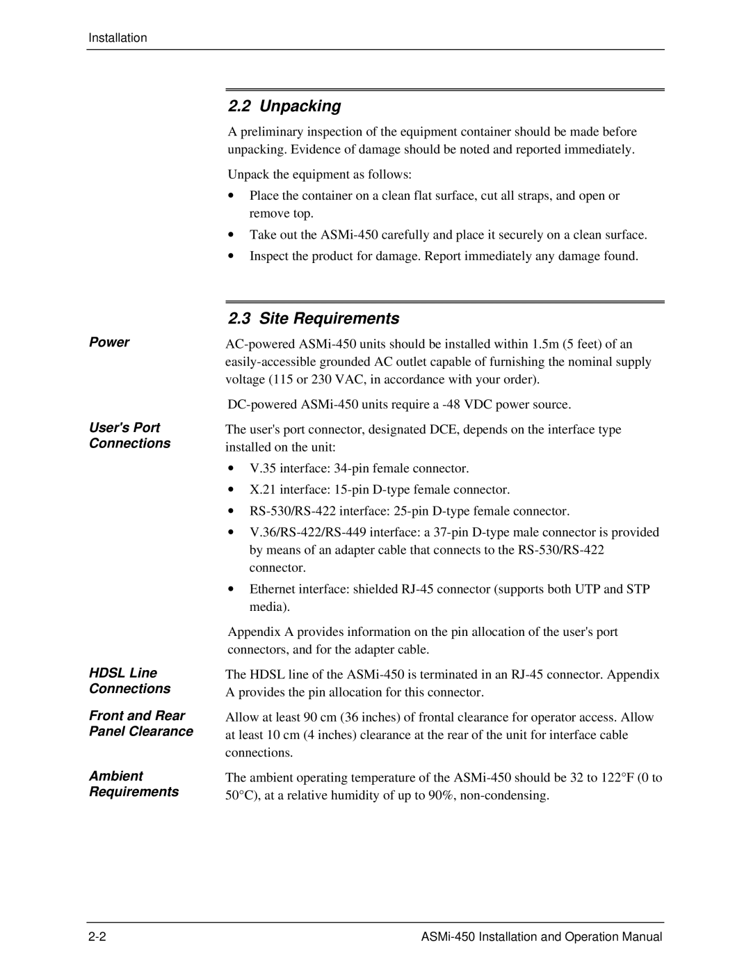 RAD Data comm ASMI-450 operation manual Unpacking, Site Requirements 