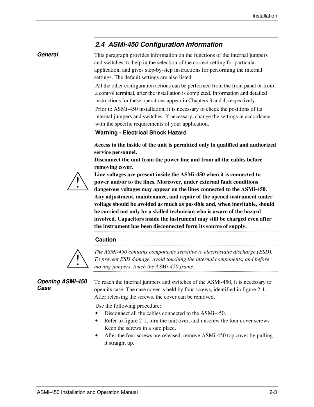 RAD Data comm ASMI-450 operation manual ASMi-450 Configuration Information, General, Opening ASMi-450 Case 