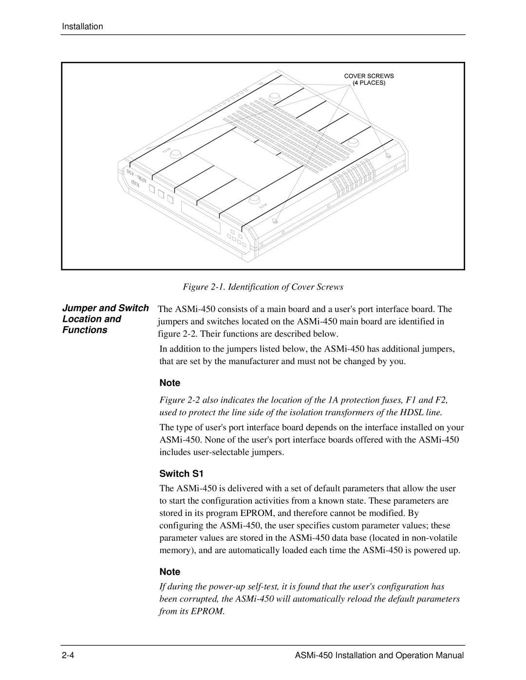 RAD Data comm ASMI-450 operation manual Jumper and Switch Location Functions, Switch S1 