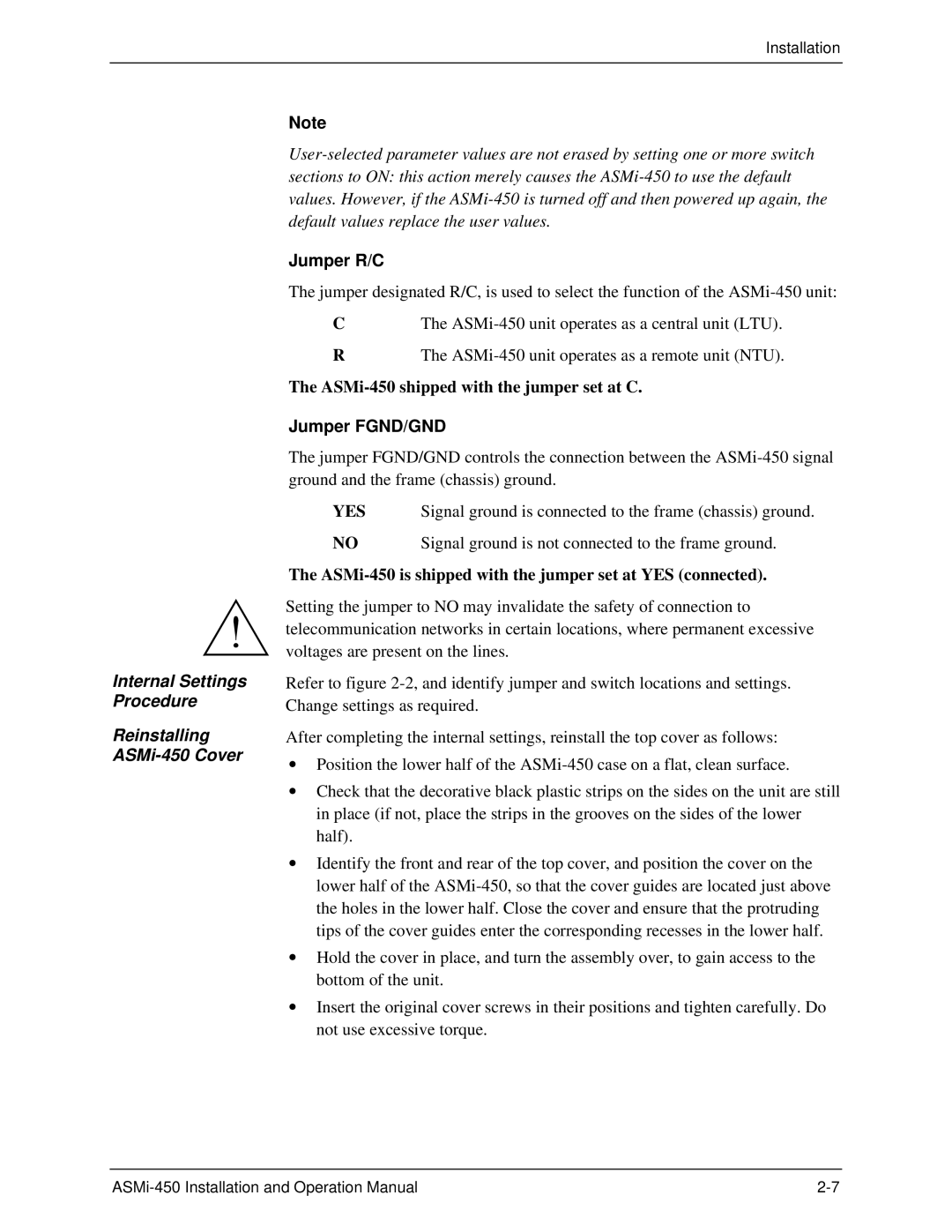 RAD Data comm ASMI-450 Internal Settings Procedure Reinstalling ASMi-450 Cover, Jumper R/C, Jumper FGND/GND 