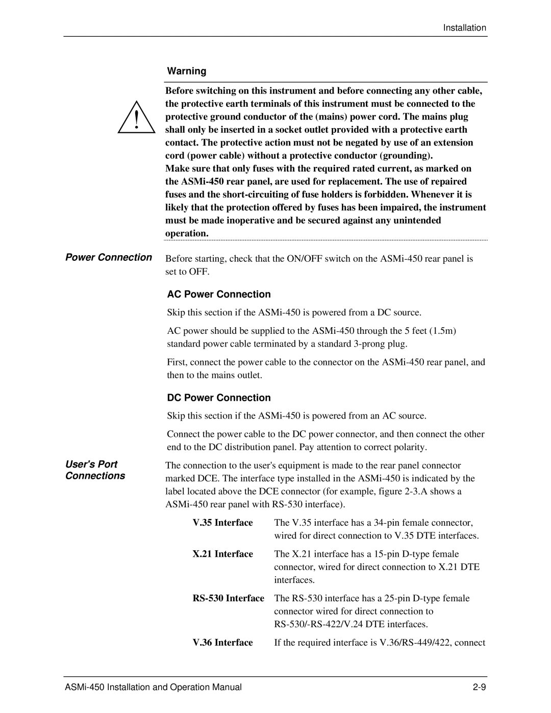 RAD Data comm ASMI-450 operation manual Power Connection Users Port Connections, AC Power Connection, DC Power Connection 