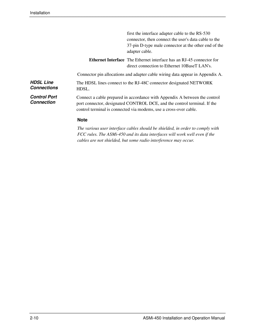 RAD Data comm ASMI-450 operation manual Hdsl Line Connections Control Port Connection 