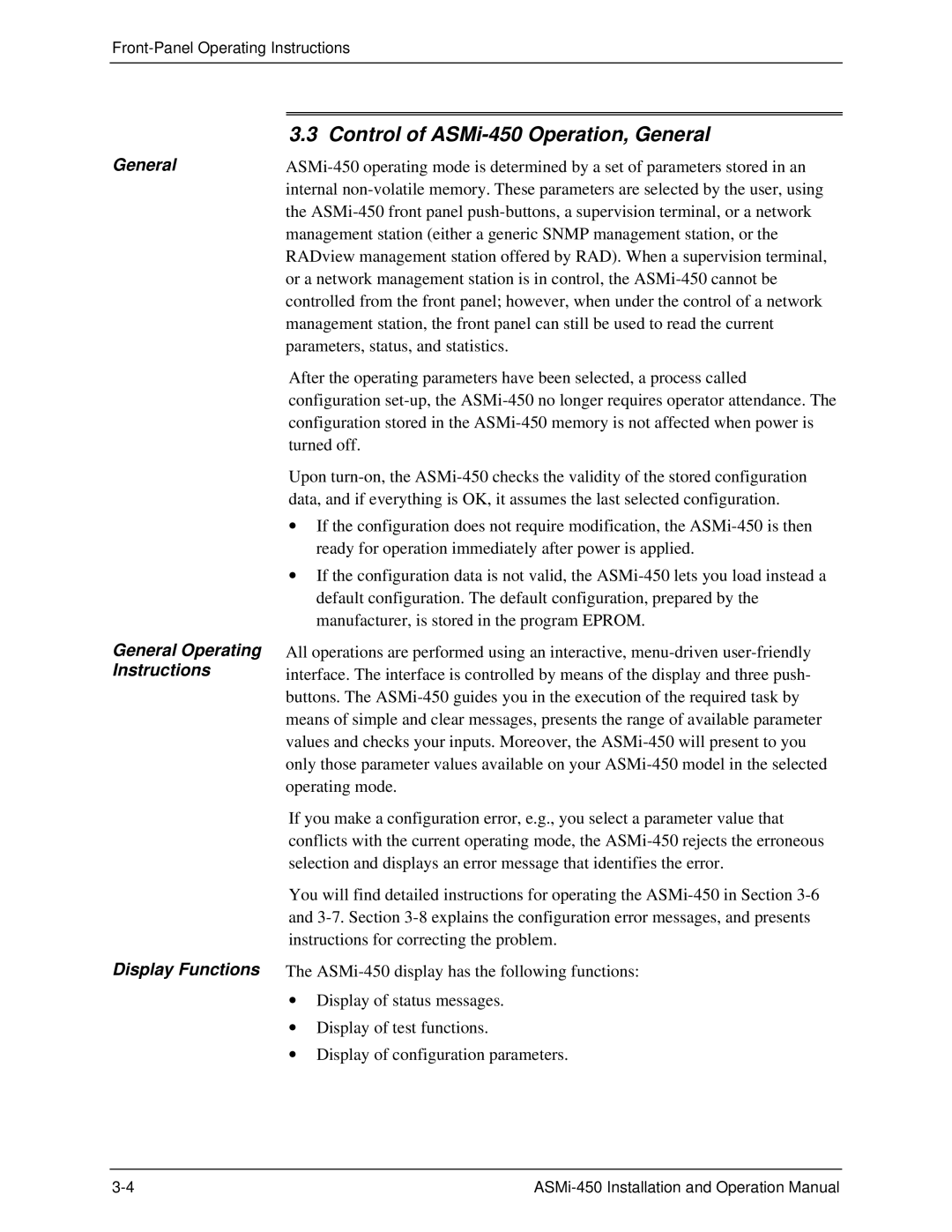 RAD Data comm ASMI-450 Control of ASMi-450 Operation, General, General General Operating Instructions Display Functions 