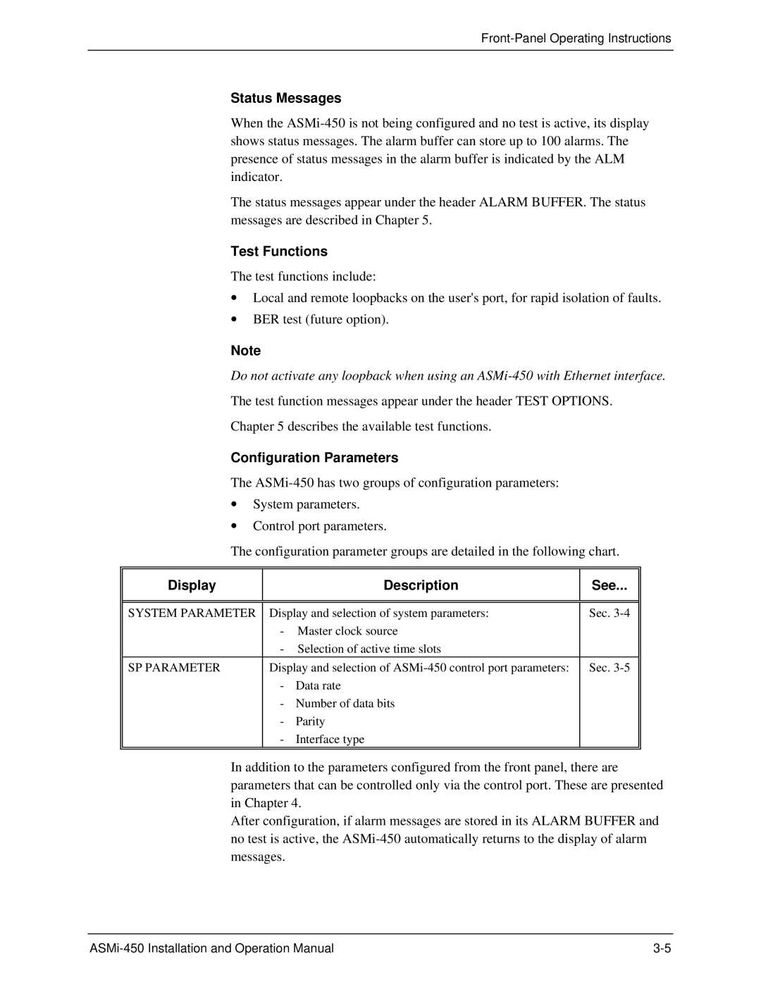 RAD Data comm ASMI-450 operation manual Status Messages, Test Functions, Configuration Parameters, Display Description See 