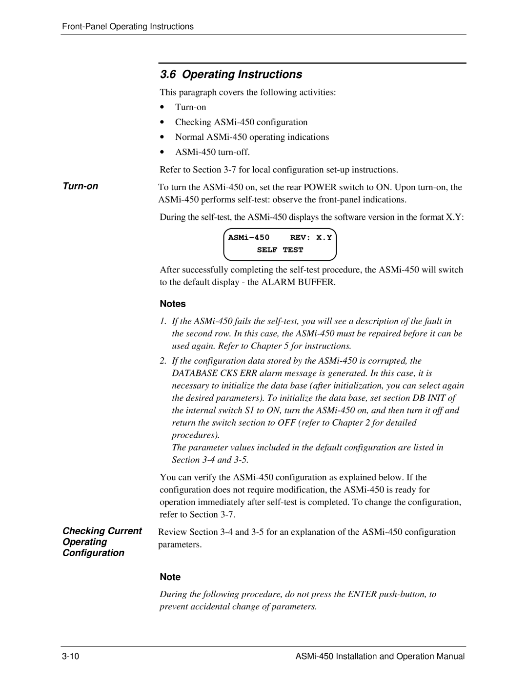 RAD Data comm ASMI-450 operation manual Operating Instructions, Turn-on Checking Current Operating Configuration 