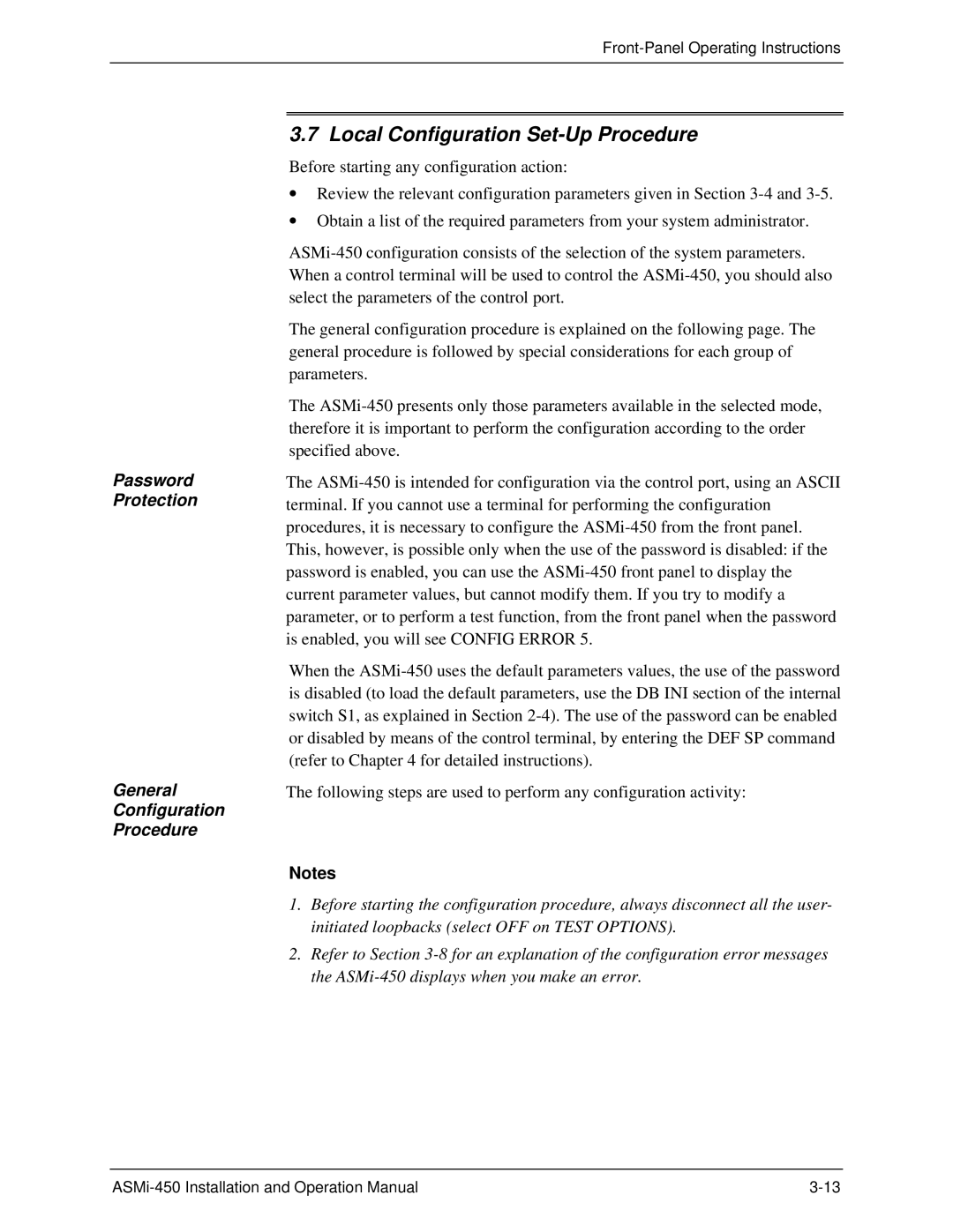 RAD Data comm ASMI-450 operation manual Local Configuration Set-Up Procedure, Password, Protection, Configuration Procedure 