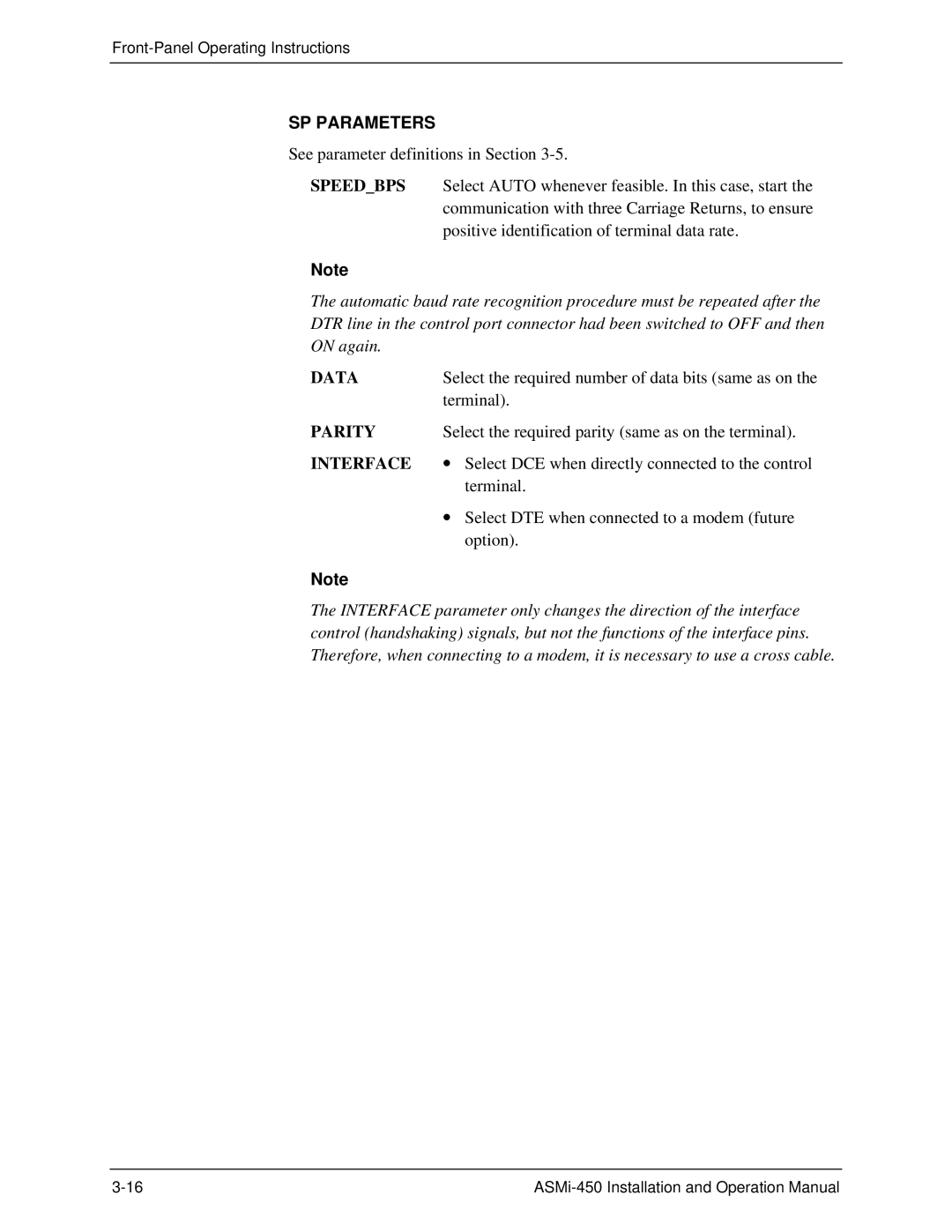 RAD Data comm ASMI-450 operation manual SP Parameters 