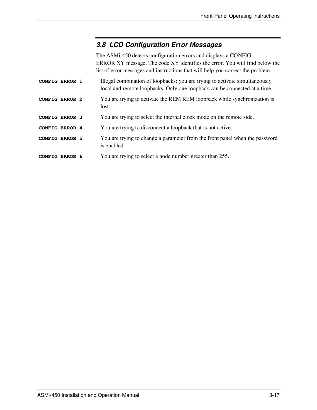 RAD Data comm ASMI-450 operation manual LCD Configuration Error Messages 