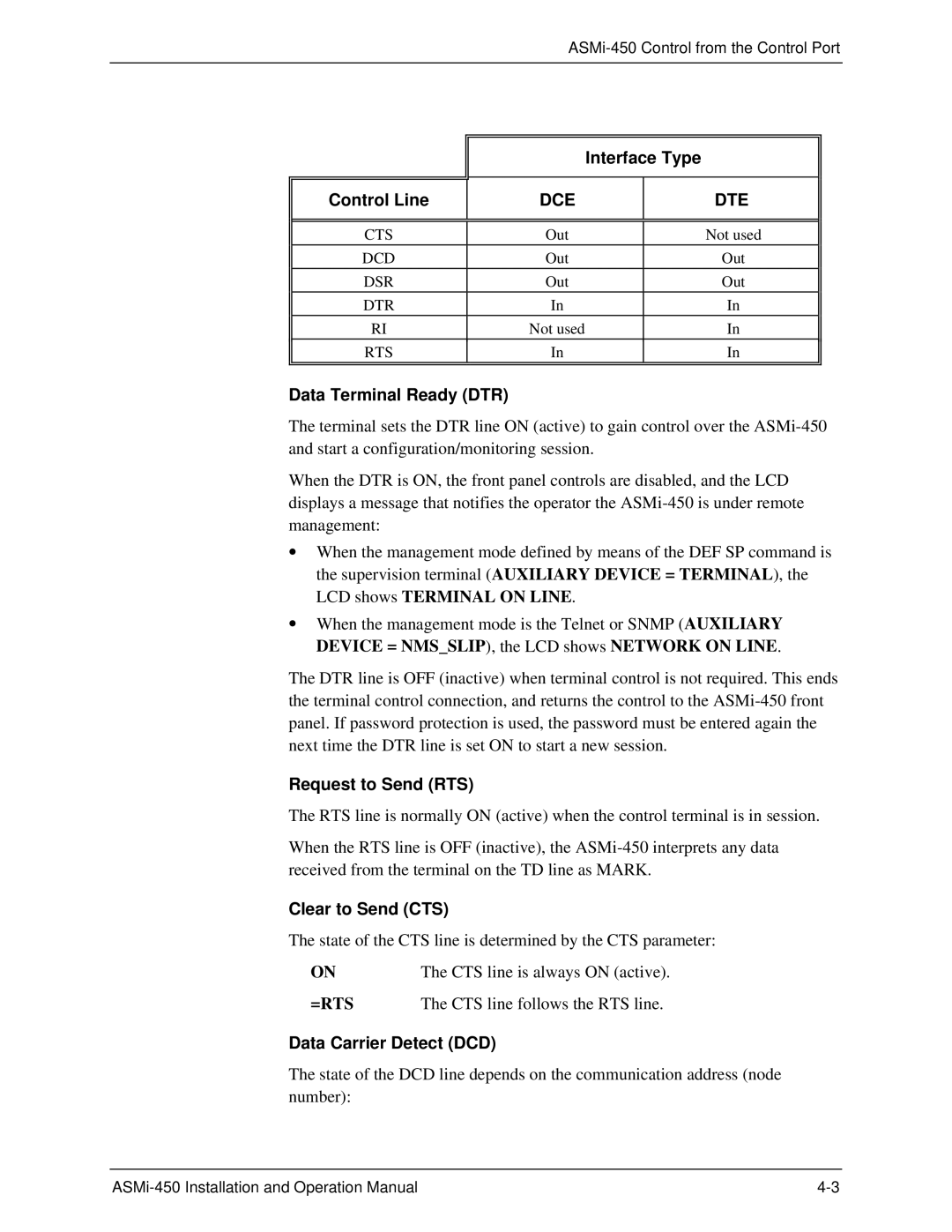 RAD Data comm ASMI-450 operation manual Interface Type, Data Terminal Ready DTR, Request to Send RTS, Clear to Send CTS 