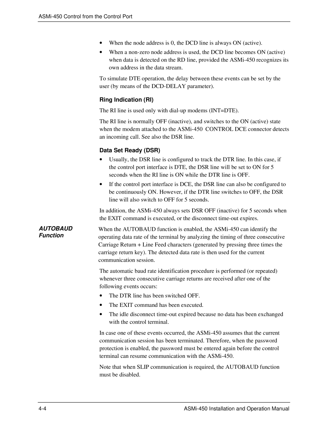 RAD Data comm ASMI-450 operation manual Autobaud Function, Ring Indication RI, Data Set Ready DSR 