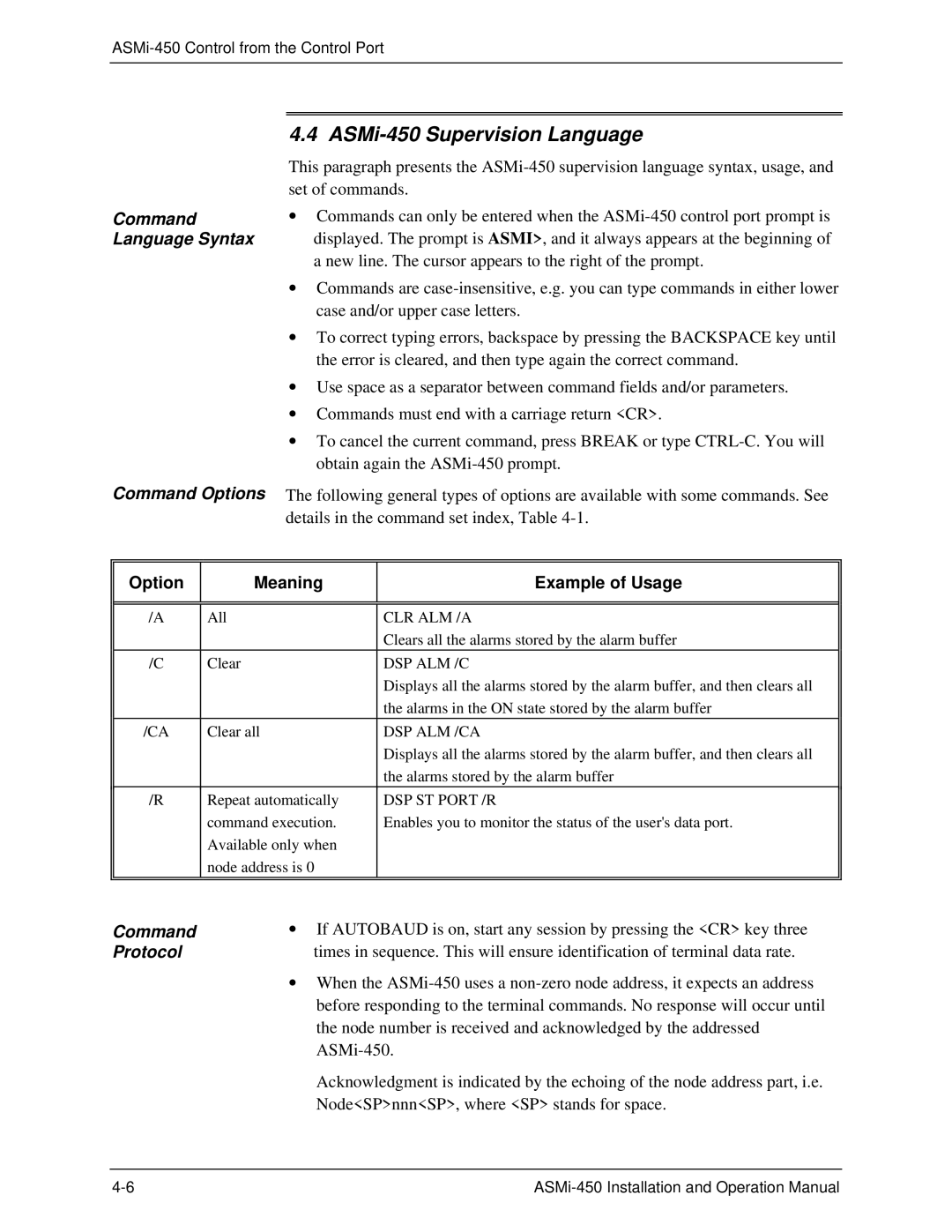 RAD Data comm ASMI-450 ASMi-450 Supervision Language, Command Language Syntax Command Options, Command Protocol 